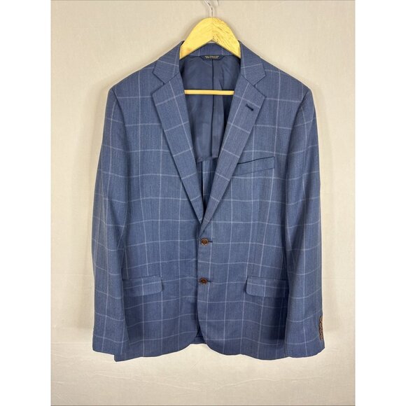 Brooks Brothers Fitzgerald Men 42 Blue Windowpane Blazer Wool Silk Cotton